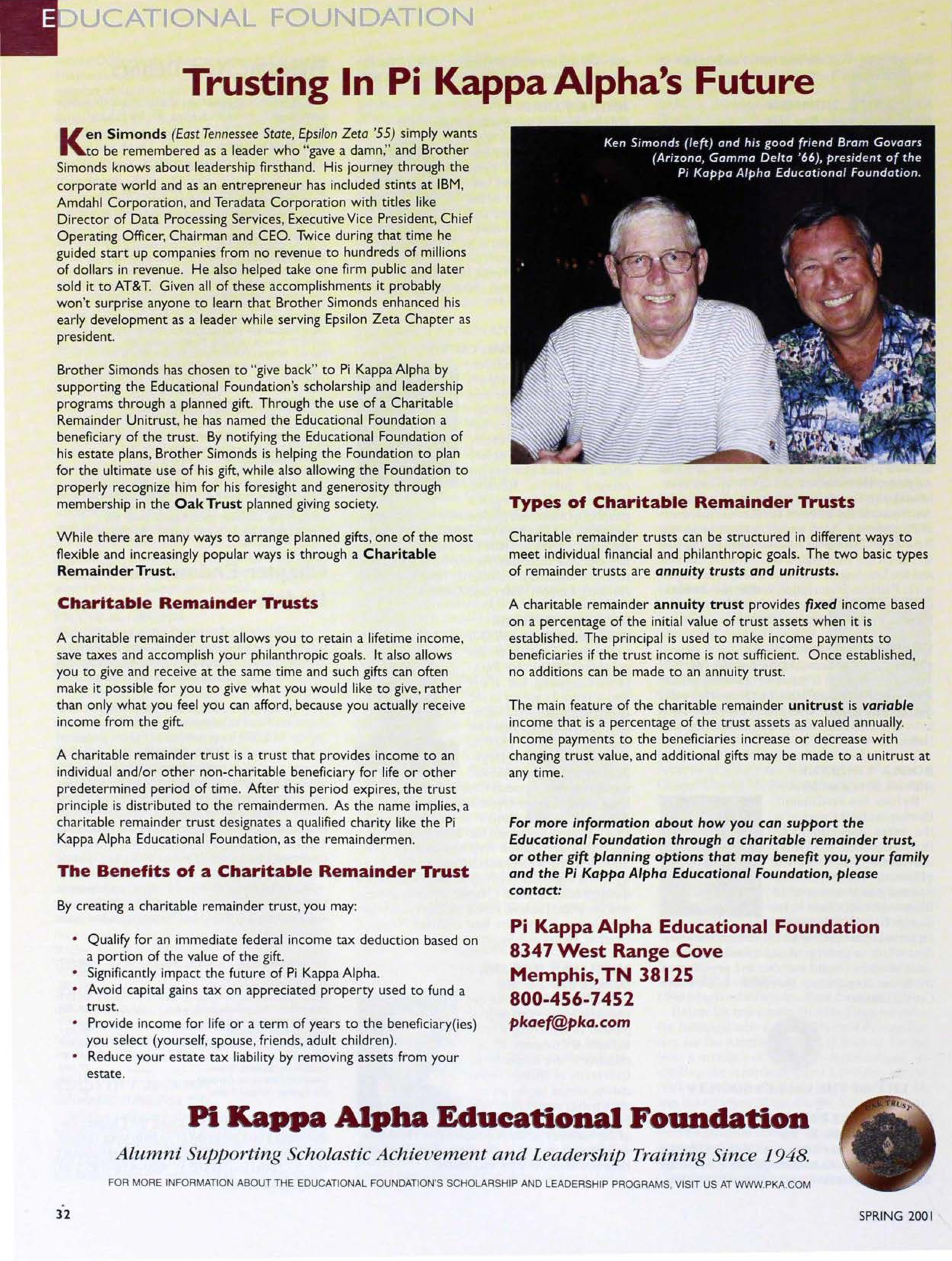 Educational Foundation: Trusting In Pi Kappa Alpha's Future, Spring 2001